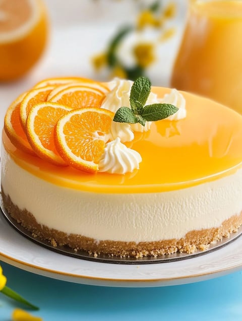 A slice of creamsicle cheesecake with orange slices on top.