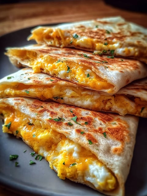 A stack of cheddar egg quesadillas.