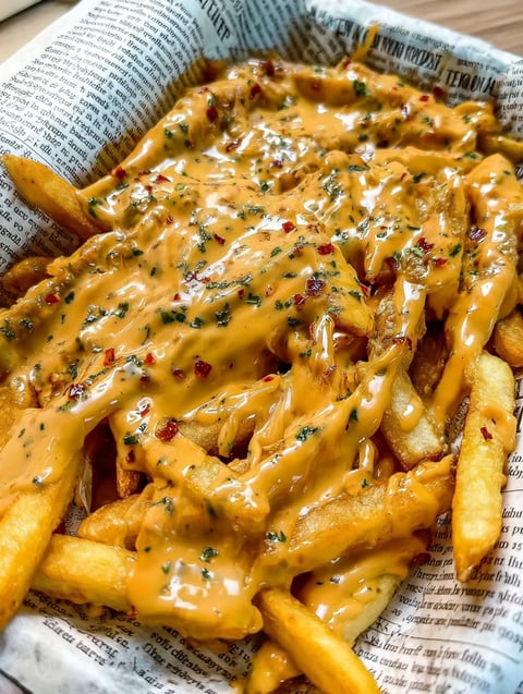 A plate of fries with cheese and peppers.