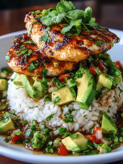 A plate of food with rice, chicken, and avocado.