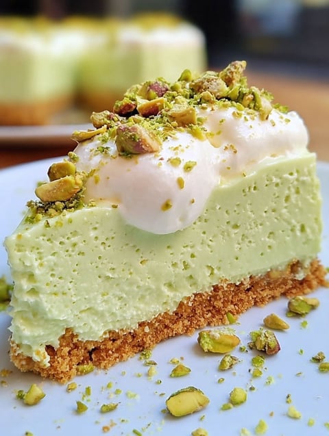 A slice of pistachio cheesecake with a crust.