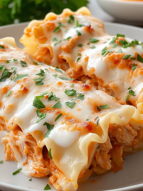 A plate of creamy buffalo chicken lasagna roll ups.