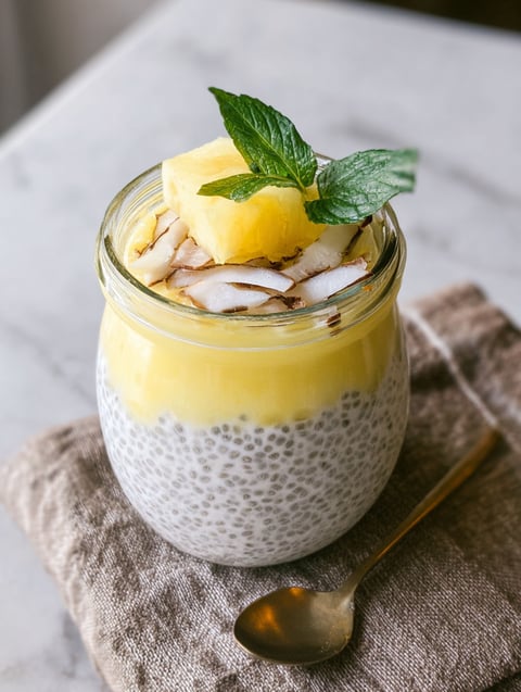 A glass of chia pudding with a pineapple wedge on top.
