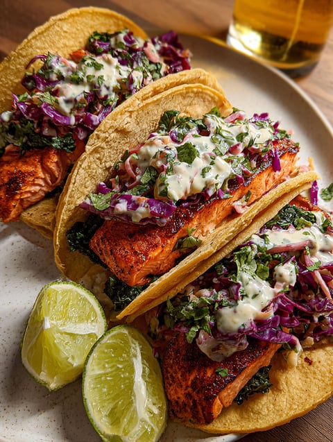 A plate of blackened salmon tacos with a side of lime wedges.