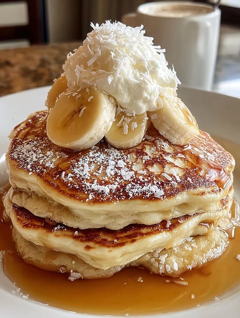 A stack of pancakes with bananas and coconut cream on top.