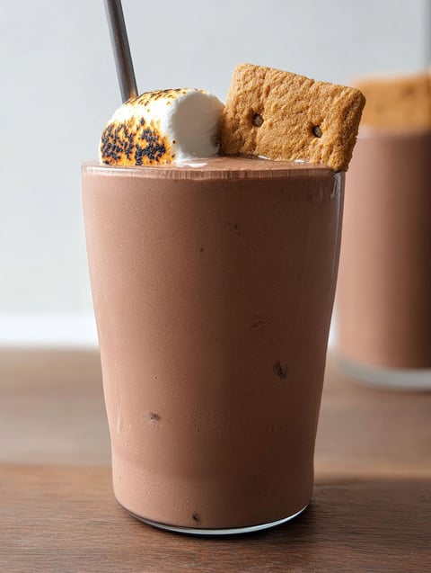 A chocolate milkshake with a marshmallow and a cookie on top.