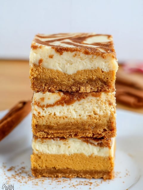 Three layers of pumpkin cheesecake bars.