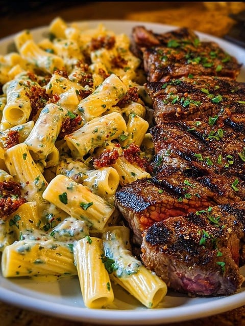 A plate of food with a steak and pasta.