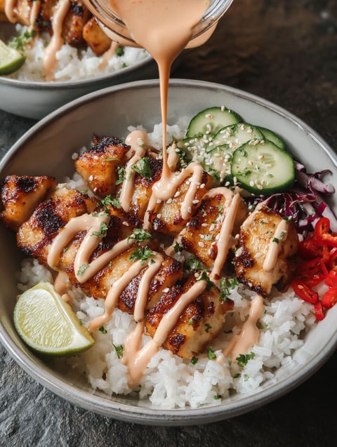 A bowl of Sweet Chili Chicken with Coconut Lime Drizzle.