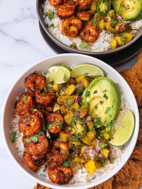 A bowl of food with shrimp, rice, and pineapple salsa.