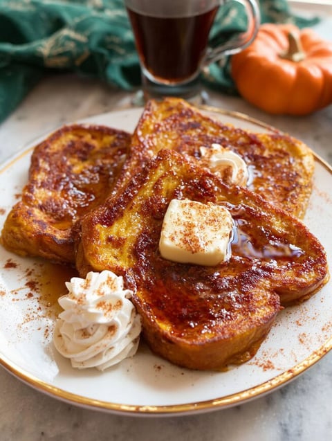 French toast with butter and syrup on a plate.