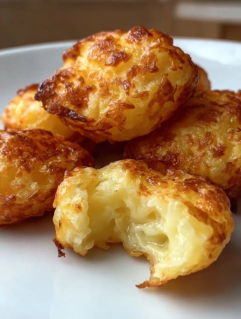 Crispy mashed potato cheese puffs on a plate.