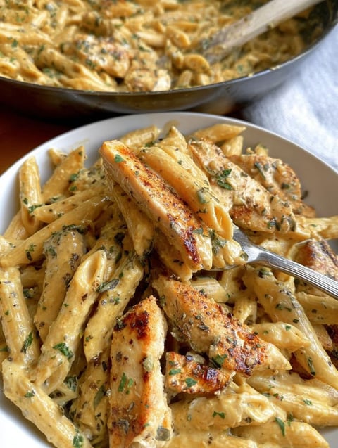 A plate of garlic Parmesan chicken and pasta.