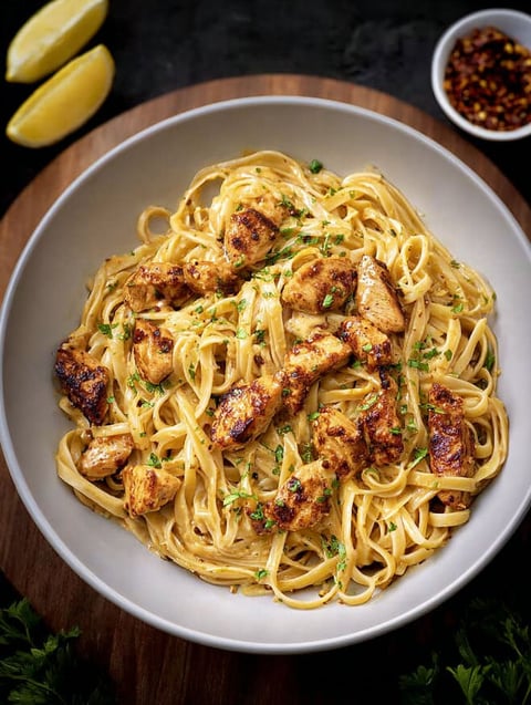 A bowl of Cowboy Butter Chicken Linguine.
