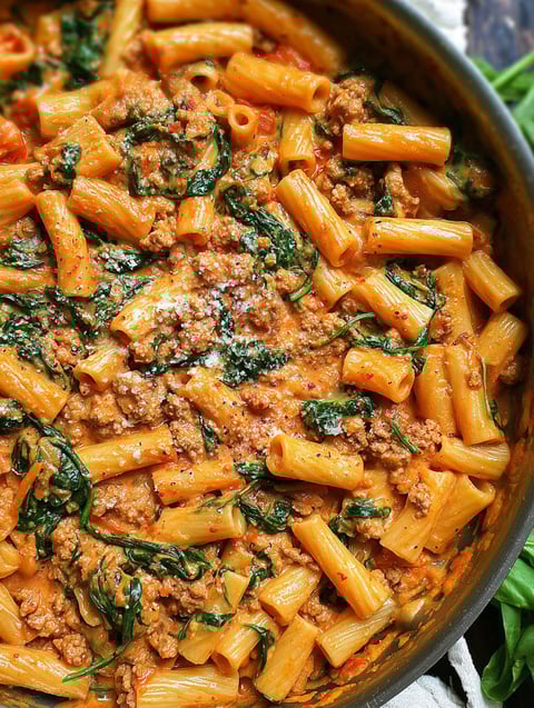 A bowl of creamy sausage rigatoni.