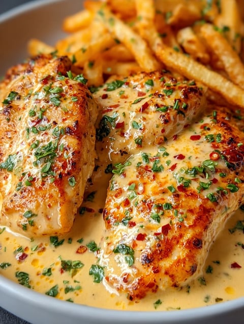 A piece of chicken with a spicy garlic-parmesan sauce.