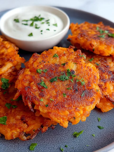 A plate of sweet potato hash browns with a white sauce.