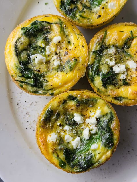 Three spinach and feta muffins on a plate.