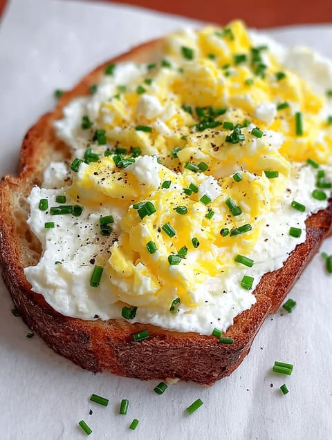 A slice of toast with egg and ricotta on it.