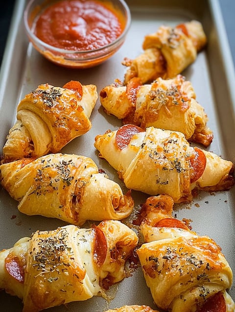 Pizza rolls on a tray.