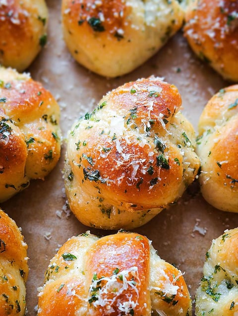 Homemade garlic knots on a table.