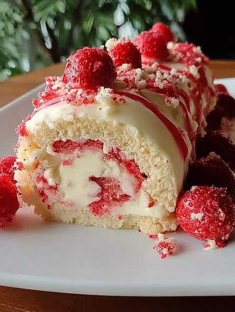 A dessert roll with strawberries and cream.