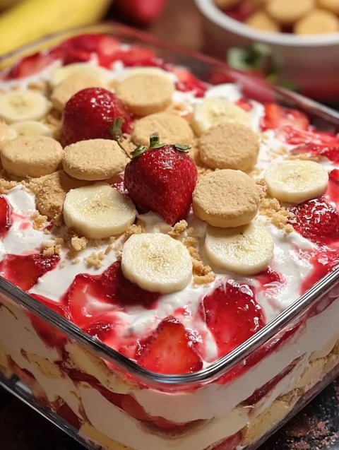 A close up of a dessert with strawberries and bananas.