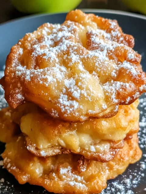 Air fryer apple fritters stacked on top of each other.