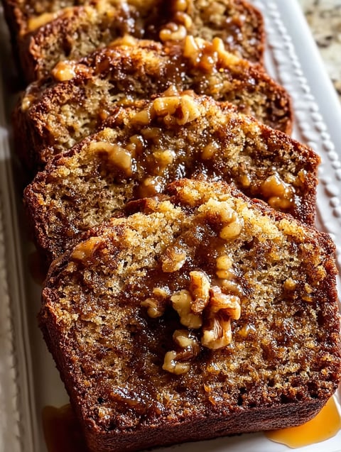 A slice of warm cinnamon-spiced apple bread.
