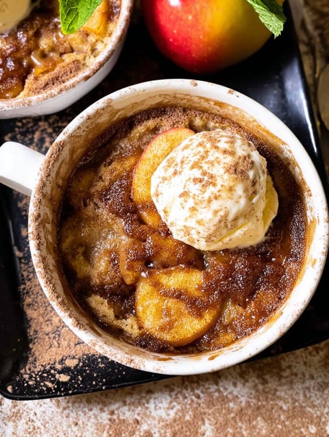 A bowl of buttery apple spice mug cake.