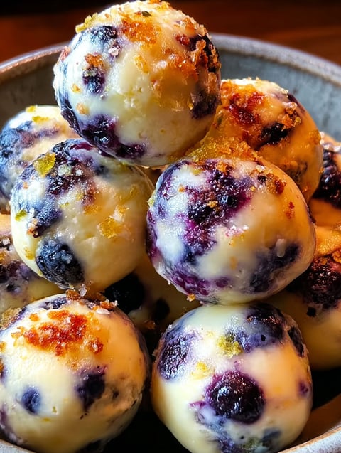 A stack of blueberry cottage cheese protein bites.