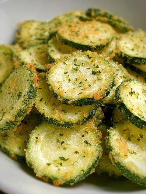 A bowl of cucumber chips with ranch dressing.