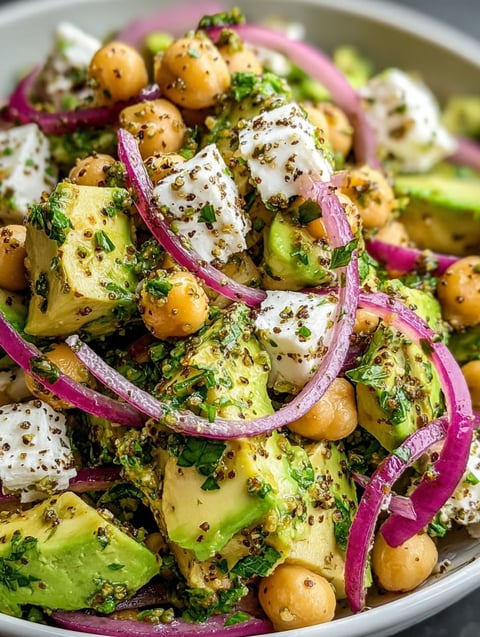 A close up of a salad with chickpeas, feta cheese, and avocado.