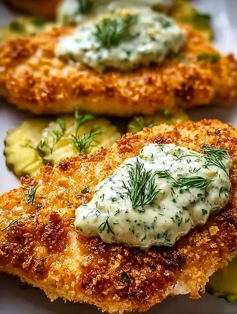 Crispy dill pickle parmesan chicken with sauce.