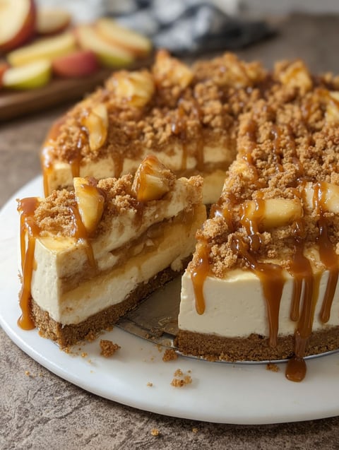 Slice of caramel apple pie cheesecake with salted caramel drizzle.