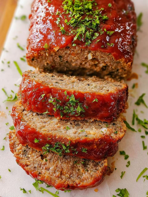 Three slices of meatloaf on a white plate.