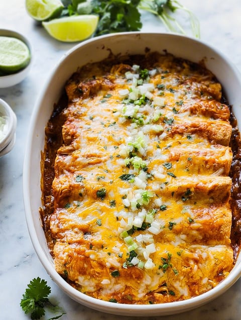 A dish of chicken enchiladas with green onions.