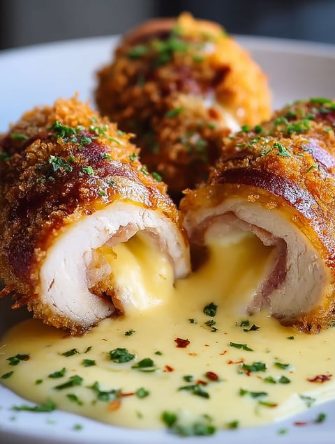Chicken Cordon Bleu with Swiss Cheese Sauce.