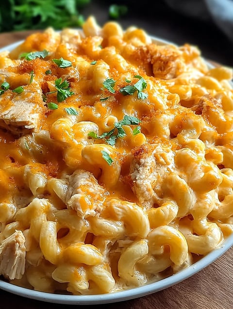 Buffalo chicken mac and cheese on a plate