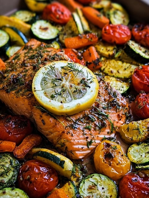 Salmon topped with lemon wedges and herbs.