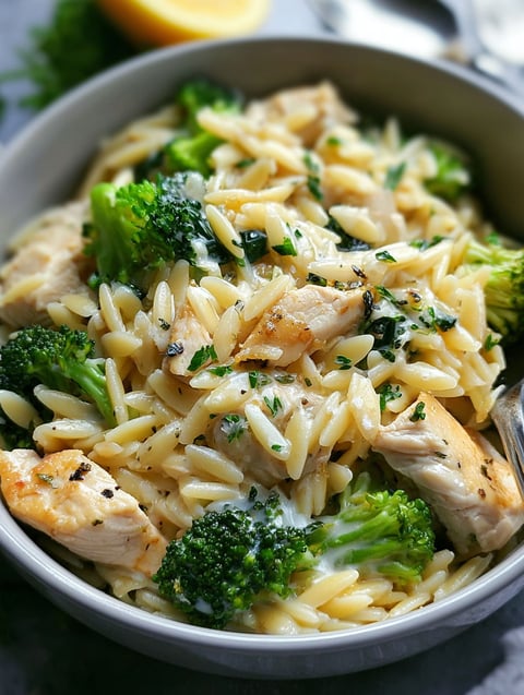 A bowl filled with chicken and broccoli orzo.