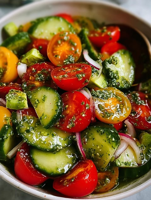 A bowl of fresh vegetables including tomatoes, cucumbers, and avocados.
