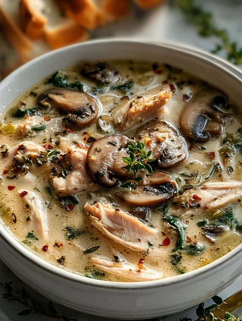Chicken and mushroom soup in a bowl.