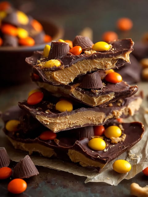Pile of Reese's Peanut Butter Cup Bark pieces.
