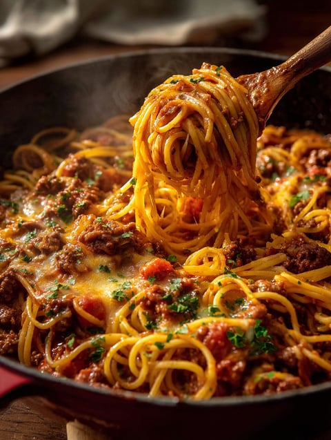 A bowl of spaghetti with meat and tomatoes.