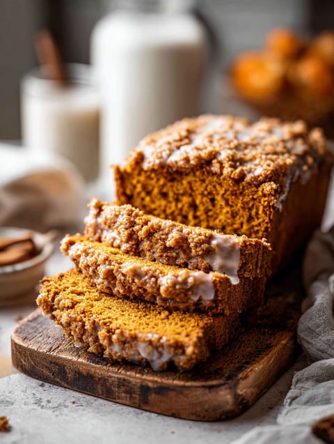 A slice of pumpkin bread with maple glaze.