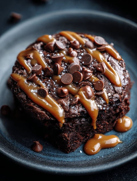 Protein brownie ready in two minutes topped with caramel sauce