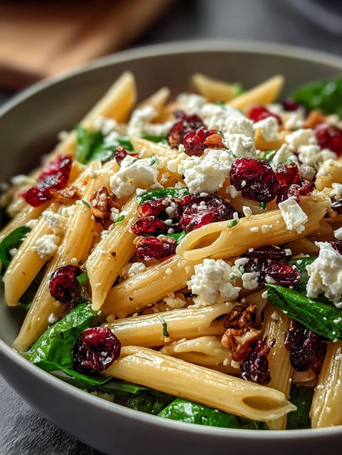 Bowl of penne pasta topped with feta and cranberries