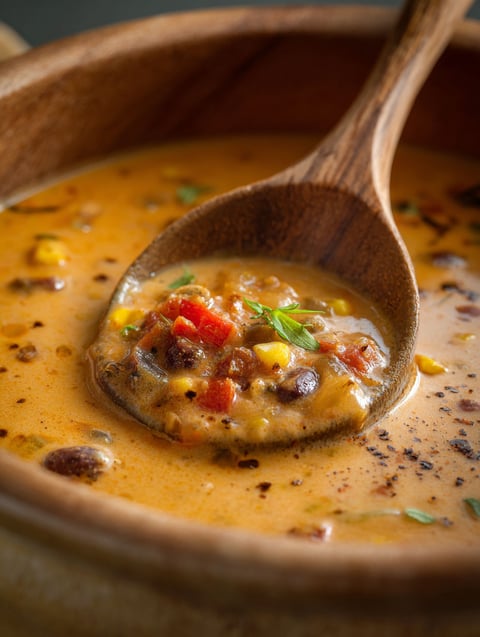 Soup bowl with a wooden spoon inside