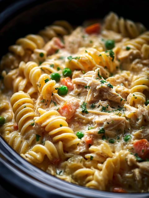 A bowl of chicken pasta with peas.